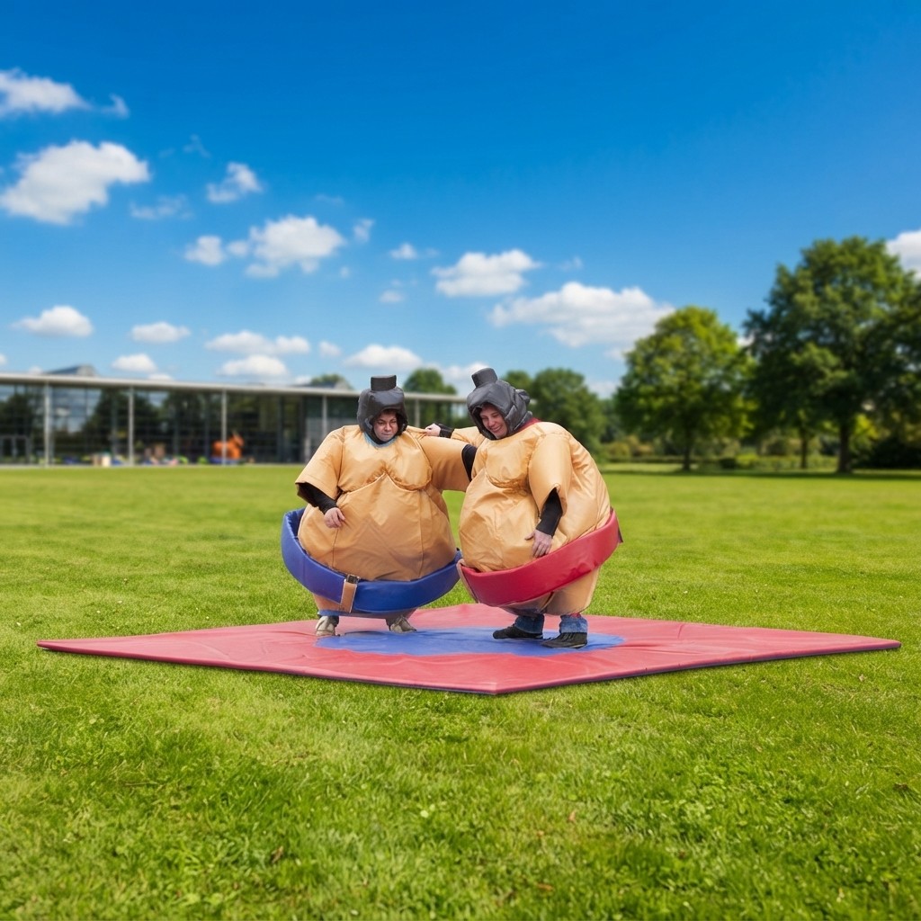 Twee opblaasbare sumopakken met helmen en worstelmat bij Revando Verhuur in Maarheeze
