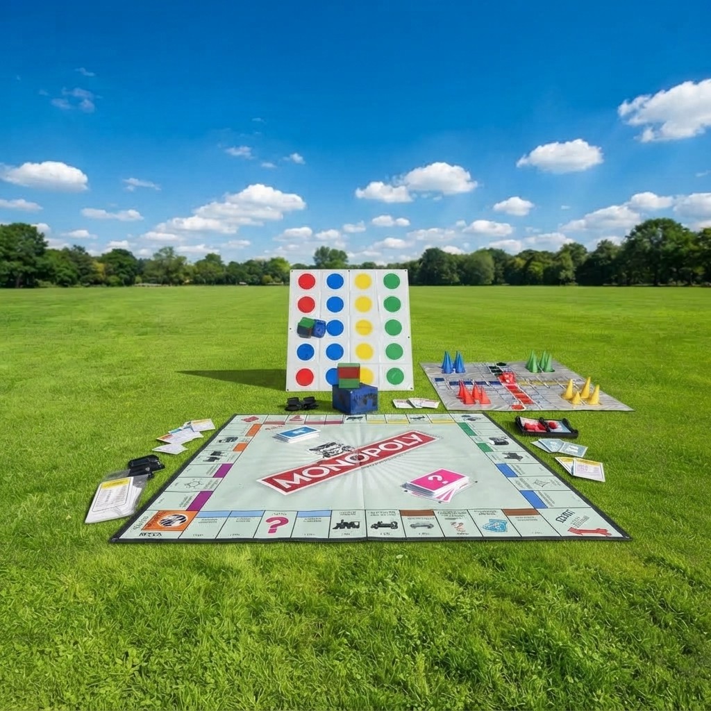 XXXL Monopolie, reuze Twister en Mens erger je niet XXL naast elkaar bij Revando Verhuur in Maarheeze