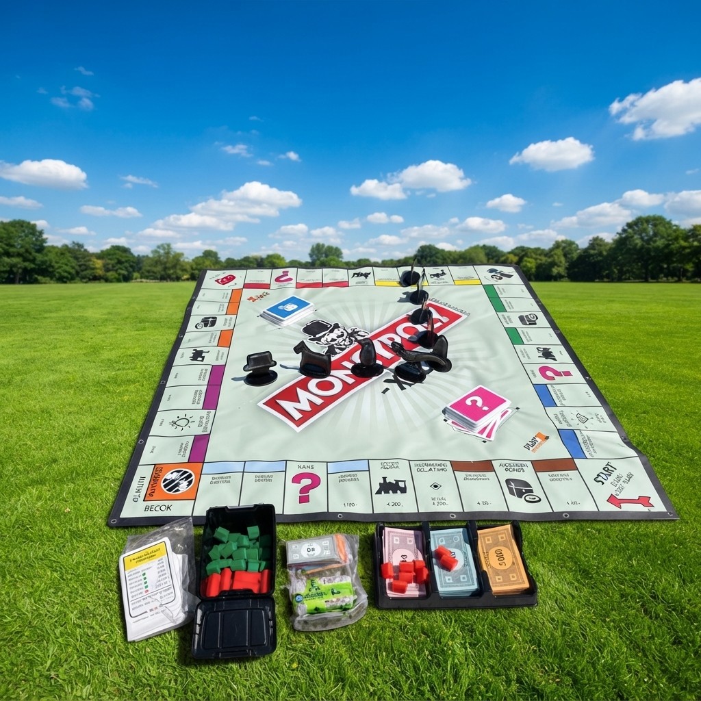 XXXL Monopolie speelveld van 2,5 bij 2,5 meter op de grond bij Revando Verhuur in Maarheeze