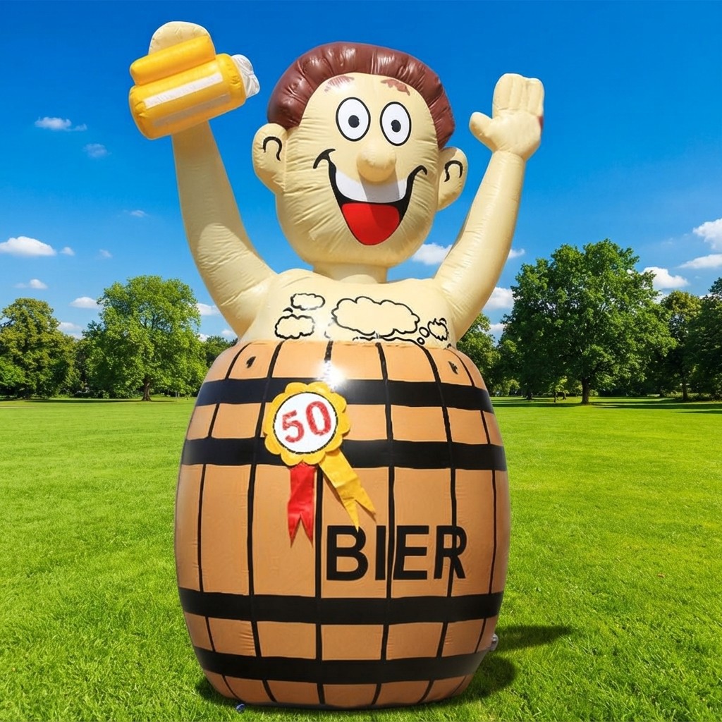 Opblaasbare Abrahampop van 4 meter hoog staand in een biervat bij Revando Verhuur in Maarheeze