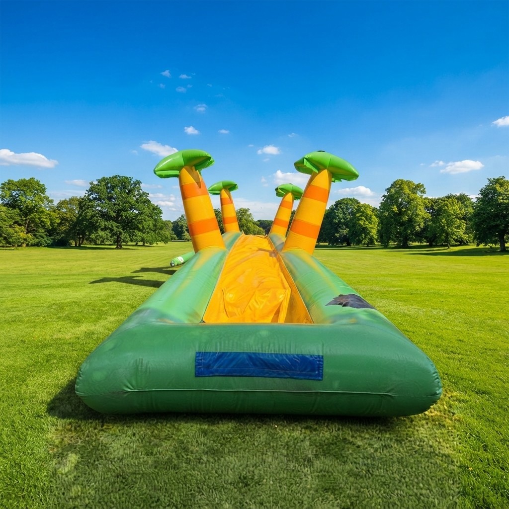 Buikschuifbaan van 17 meter die uitkomt in een waterbad bij Revando Verhuur in Maarheeze