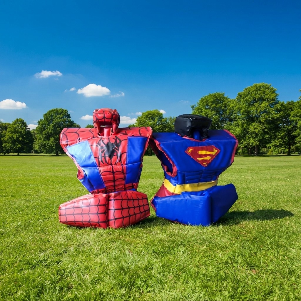 Kinder-sumopakken in Superman- en Spidermanthema met helmen bij Revando Verhuur in Maarheeze