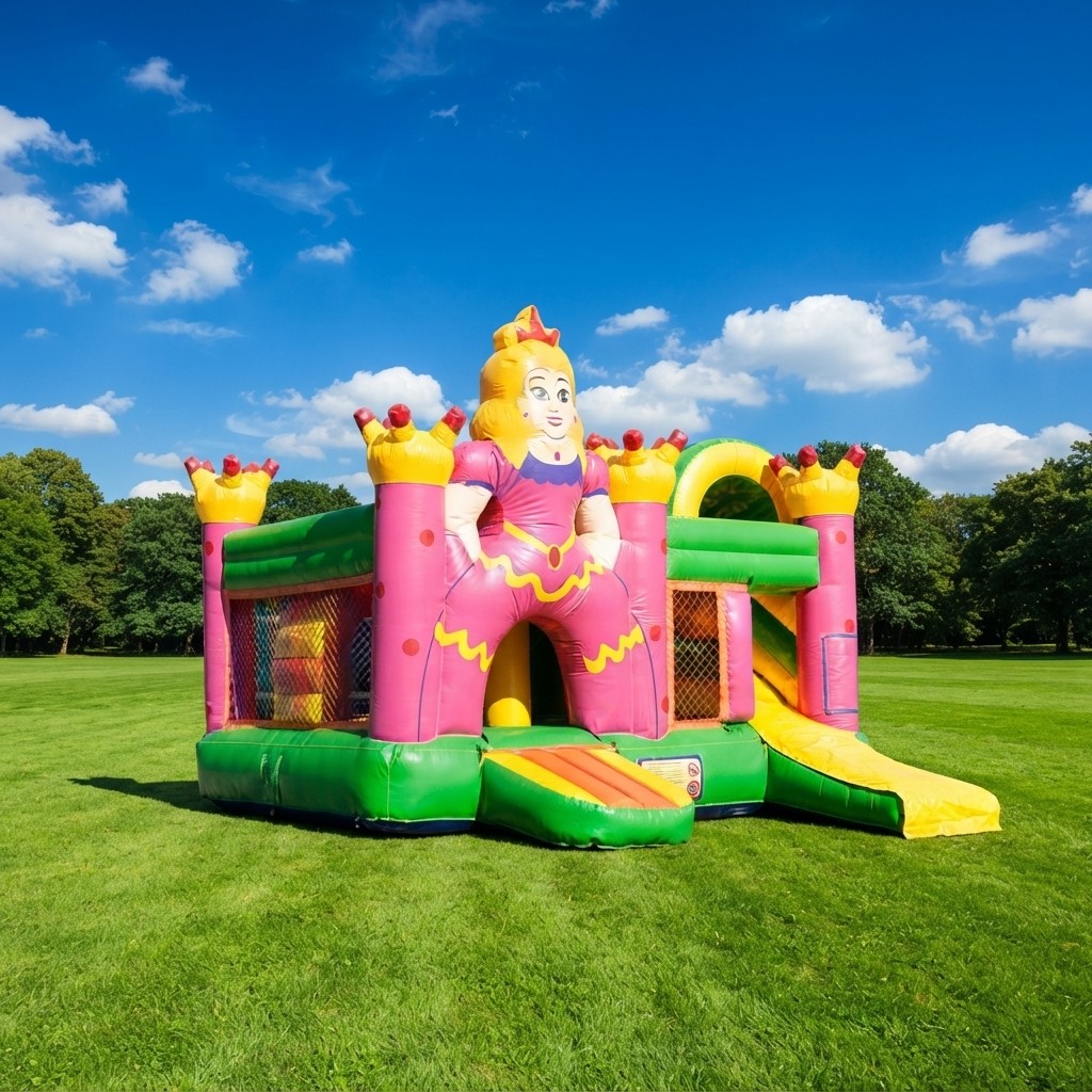 Springkussen Multifun Prinses in roze en paars met glijbaan bij Revando Verhuur in Maarheeze