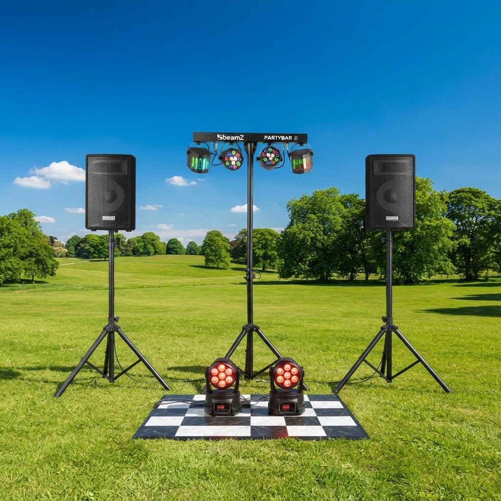 Party lichtbar met movingheads en twee muziekboxen in een opblaasbare tent bij Revando Verhuur in Maarheeze
