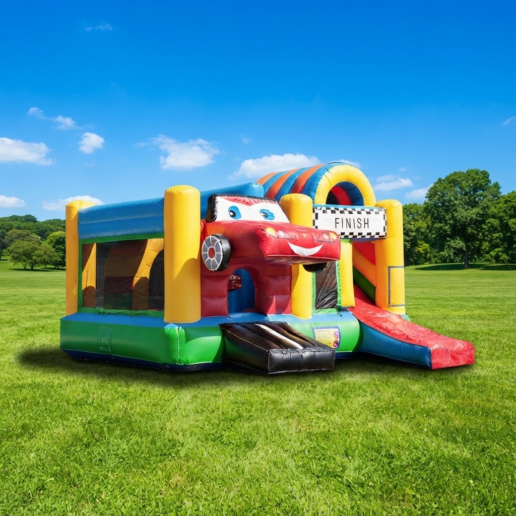 Springkussen Multifun Cars met racethema van 5,5 bij 5,5 meter bij Revando Verhuur in Maarheeze