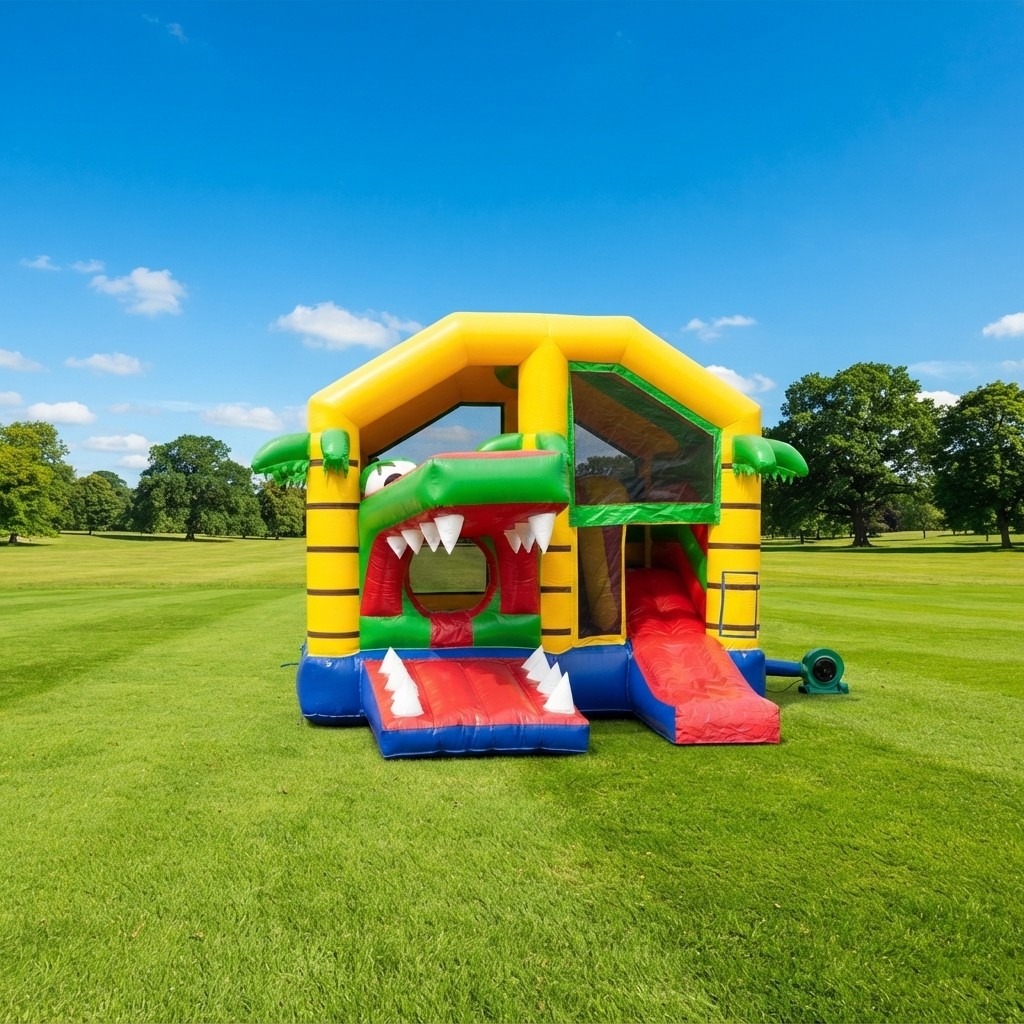 Springkussen Multifun Krokodil met dak en een open bek als ingang bij Revando Verhuur in Maarheeze