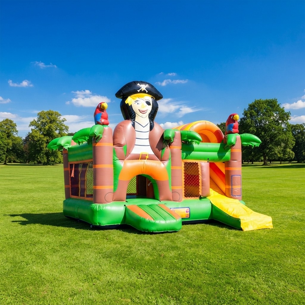 Springkussen Multifun Schateiland met piratenthema en glijbaan bij Revando Verhuur in Maarheeze