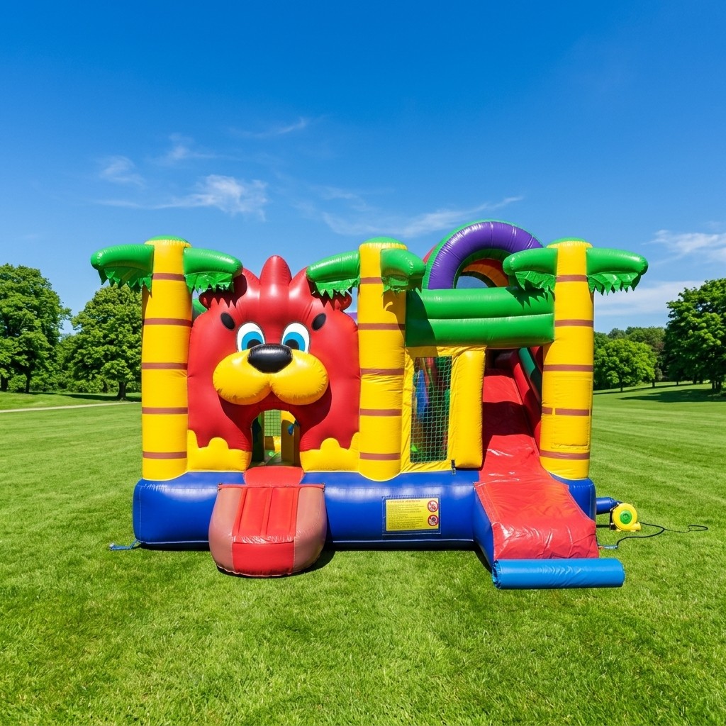 Springkussen Multifun Leeuw van 5,5 bij 5,5 meter met glijbaan bij Revando Verhuur in Maarheeze