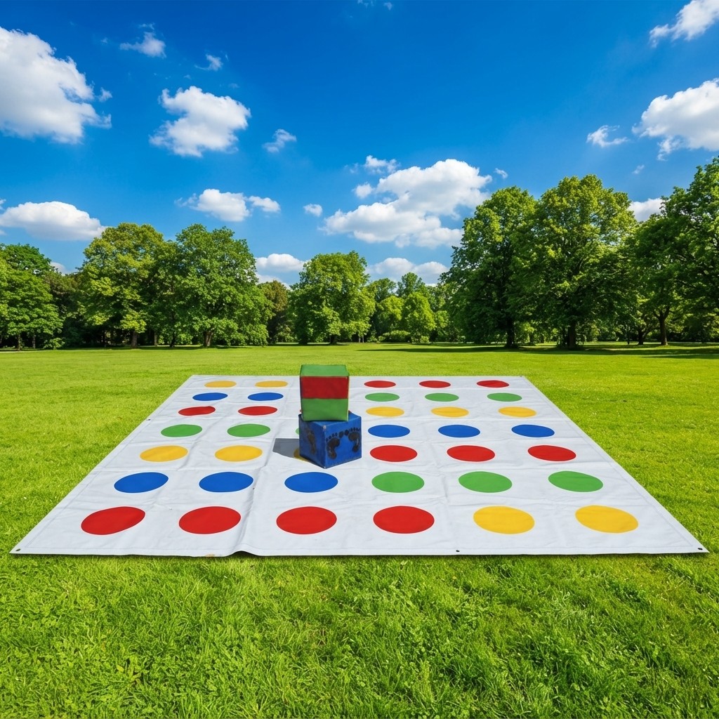 Reuze Twister speelmat van 4 bij 4 meter met grote dobbelstenen bij Revando Verhuur in Maarheeze
