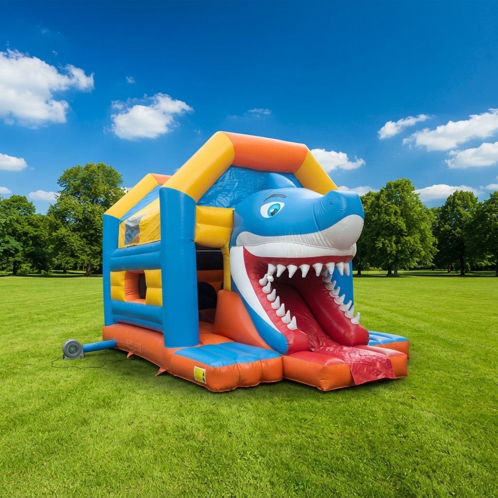 Groot springkussen Multifun Haai XXL met regendak en glijbaan bij Revando Verhuur in Maarheeze