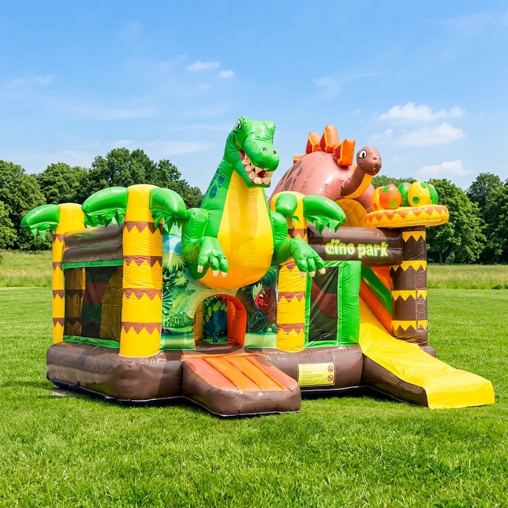 Springkussen Multifun Dino World met dinosaurusprint en glijbaan bij Revando Verhuur in Maarheeze