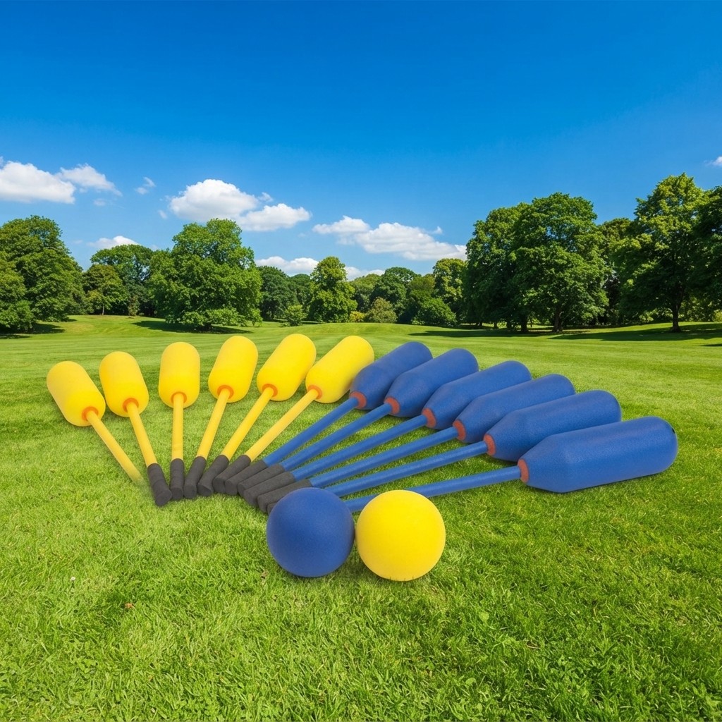 Set knotshockey met tien ronde knotsen en een bal bij Revando Verhuur in Maarheeze