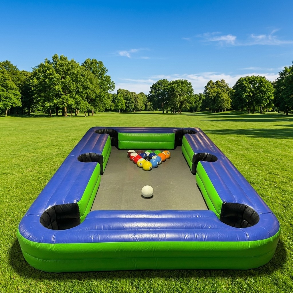 Opblaasbaar voetbalsnookerveld van 4,70 bij 3 meter met 16 ballen bij Revando Verhuur in Maarheeze
