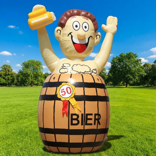 Opblaasbare Abrahampop van 4 meter hoog staand in een biervat huren