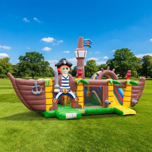 Groot springkussen in de vorm van een piratenboot met mast van 6 meter huren bij Revando Verhuur in Maarheeze