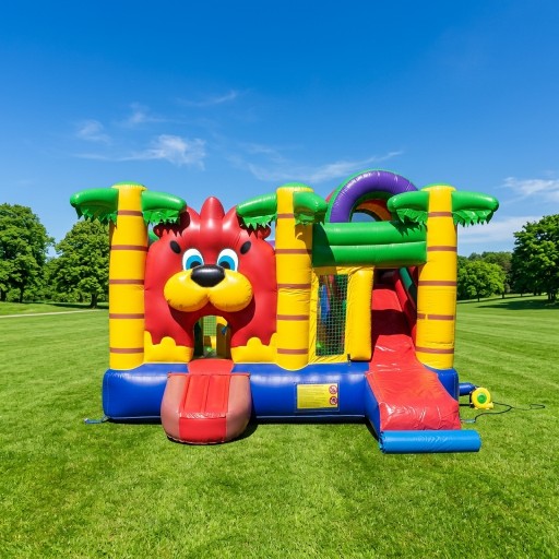 Springkussen Multifun Leeuw van 5,5 bij 5,5 meter met glijbaan huren bij Revando Verhuur in Maarheeze